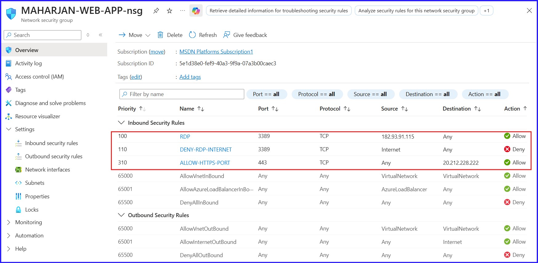 For WebApp-NSG, Inbound Security Rules.