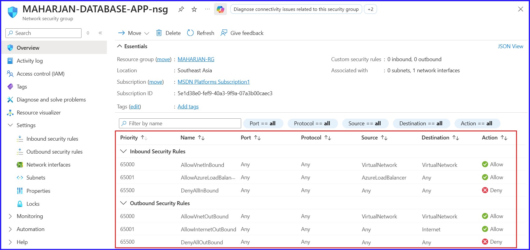 For DatabaseApp-NSG, Inbound & Outbound Security Rules.