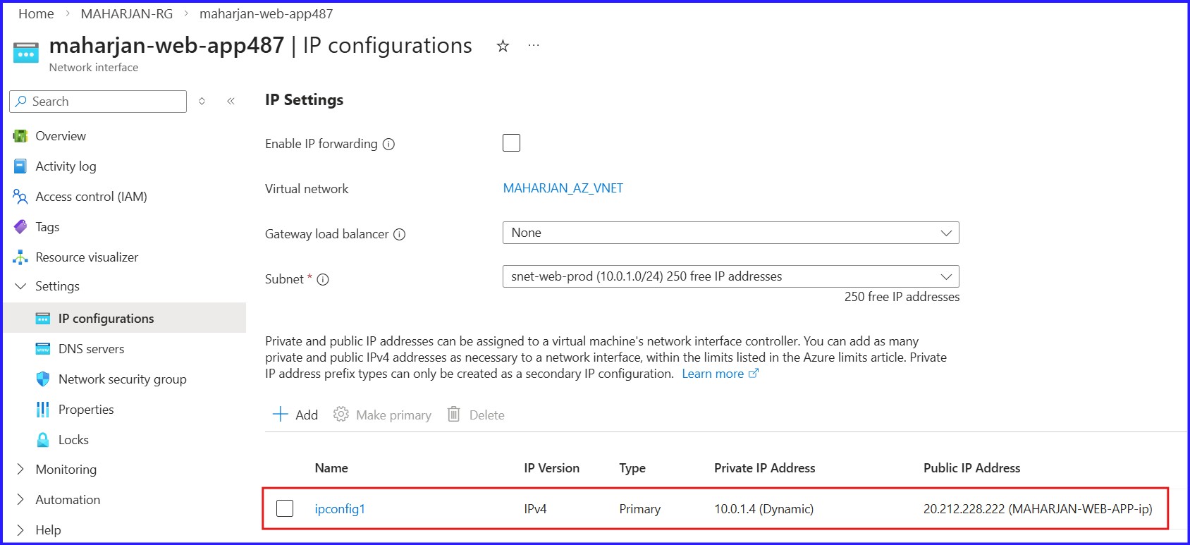 Assigning Public IP Address to Web-App NIC Address.