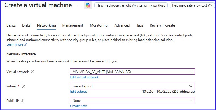 VM-Database choosing the Database Subnet